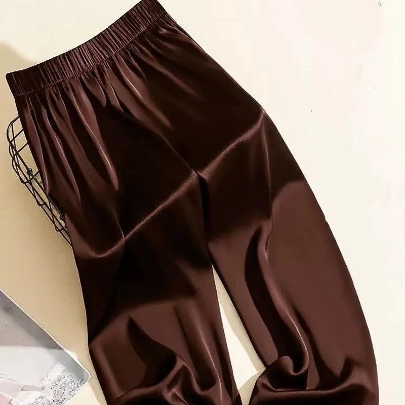 Minimalist Summer Solid Men's Wear Elastic Waist Ice Silk Fabric Pockets Fashion Versatile Loose Bound Feet Straight Pants