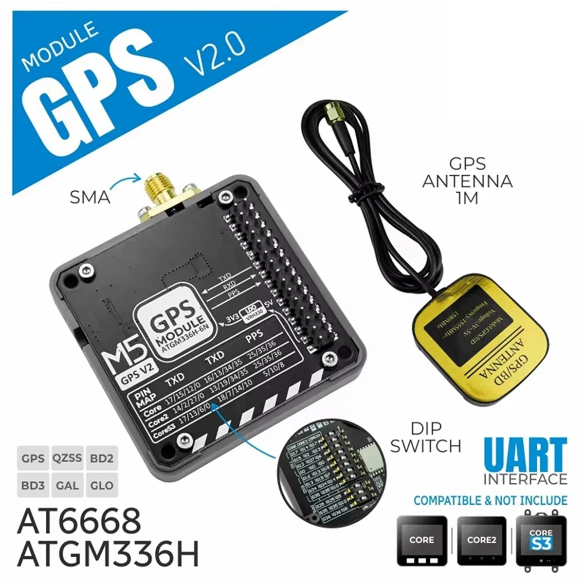 

N97R For M5Stack GPS Module V2.0 with External Antenna AT6668 Multi-System GNSS Receiver for High-Precision Positioning