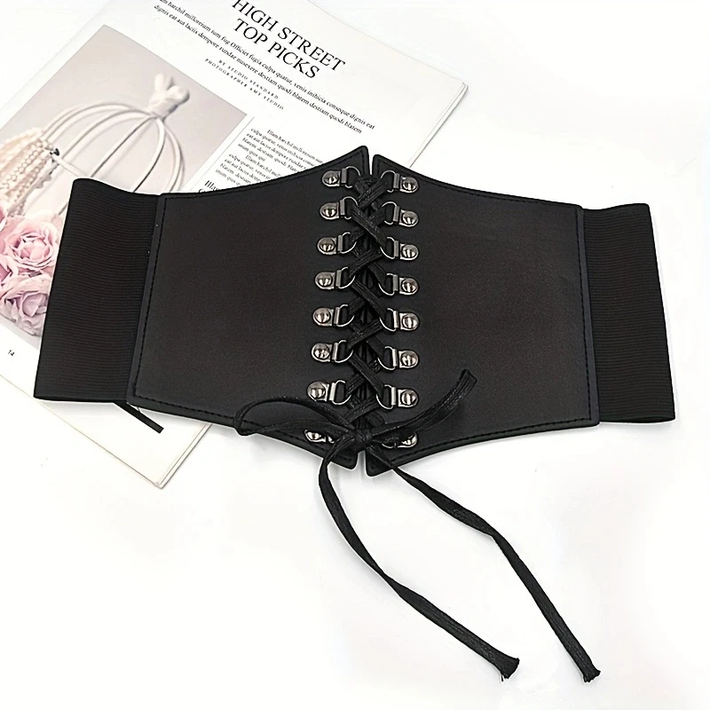 Black Lace-up Girdle Elastic Wide Waistband Leisure Style Skirt Shirt Matching Waist Band For Women