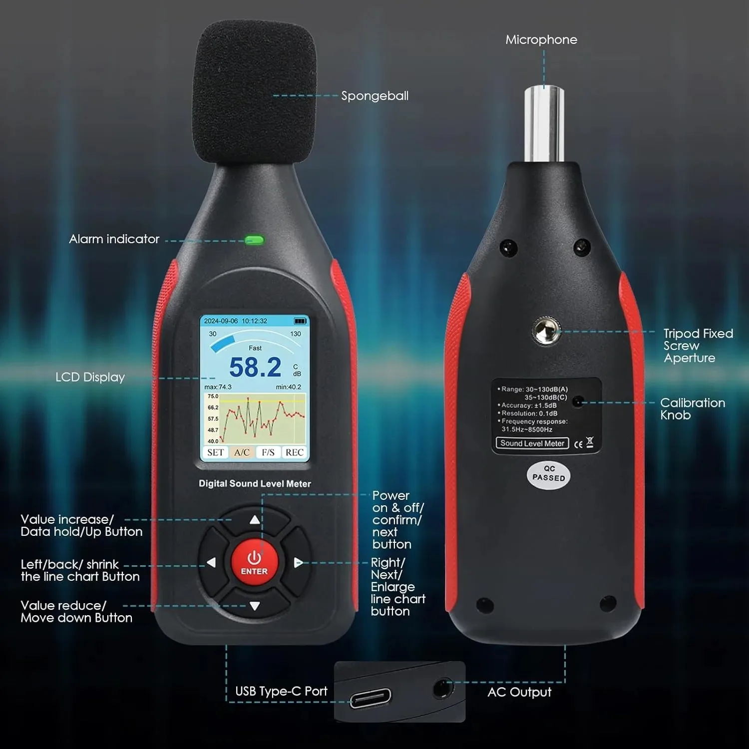 Sound Level Tester Decibel Meter Datalogger with Visual Alarm, Coloured Screen Display 43000 Data Set SPL Monitor Noise Reader
