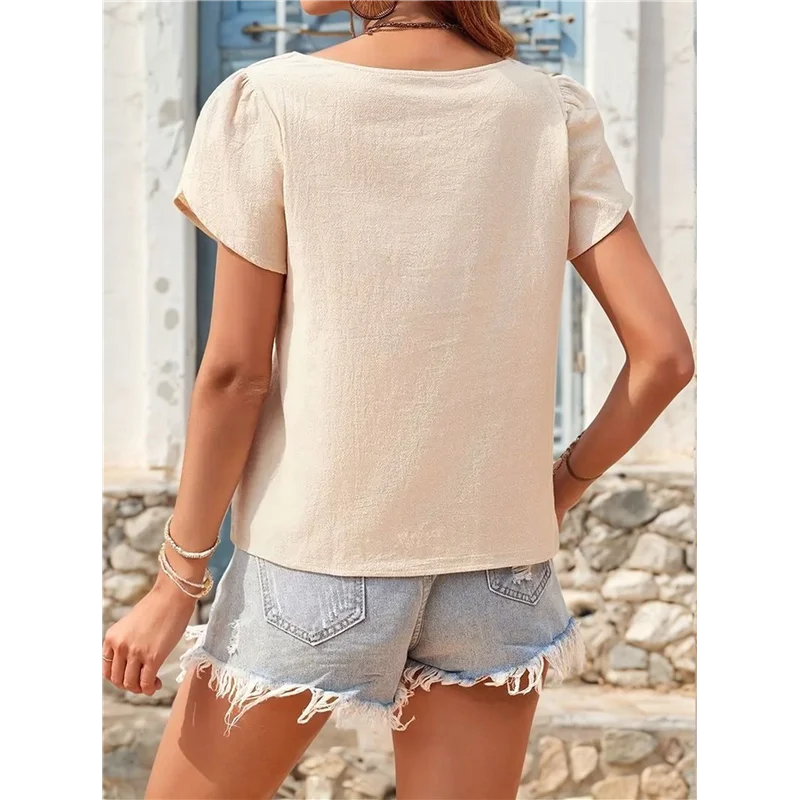 

Linen Tops For Women Casual Collared Business Blouses Tops Puff Sleeve Crop Shirts Loose Summer Work Clothes