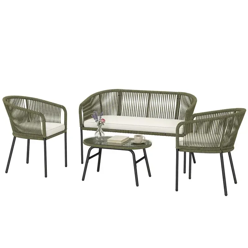 Salon de Jardin Extérieur 4 Places : Canapé 2 Places, 2 Fauteuils et Table Basse en Verre Trempé PP Rond Tressé Crème