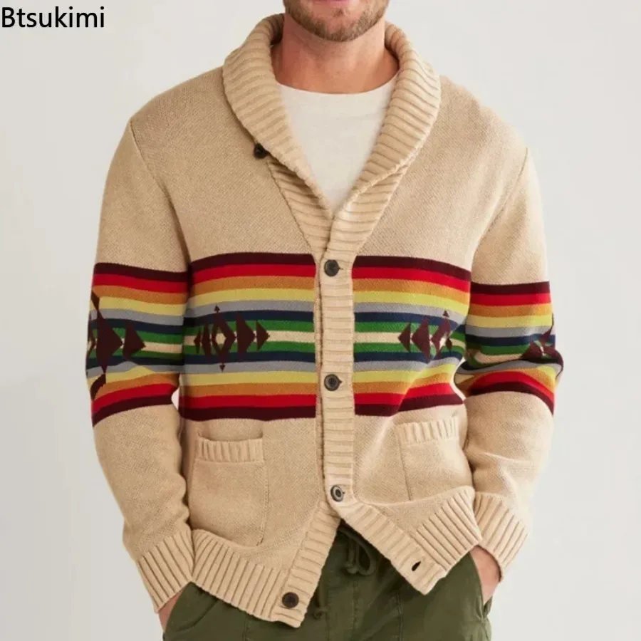 

2026 Men's Knitted Sweater Long Sleeve Casual Streetwear Cardigan Button Down Lapel Print Coat Winter Vintage Luxury Clothing