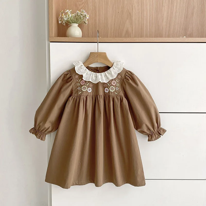 

Girls' Dress Children's Stylish Spring and Autumn New Lace Collar Turn-down Collar Little Girl Princess Dress Outing Dress