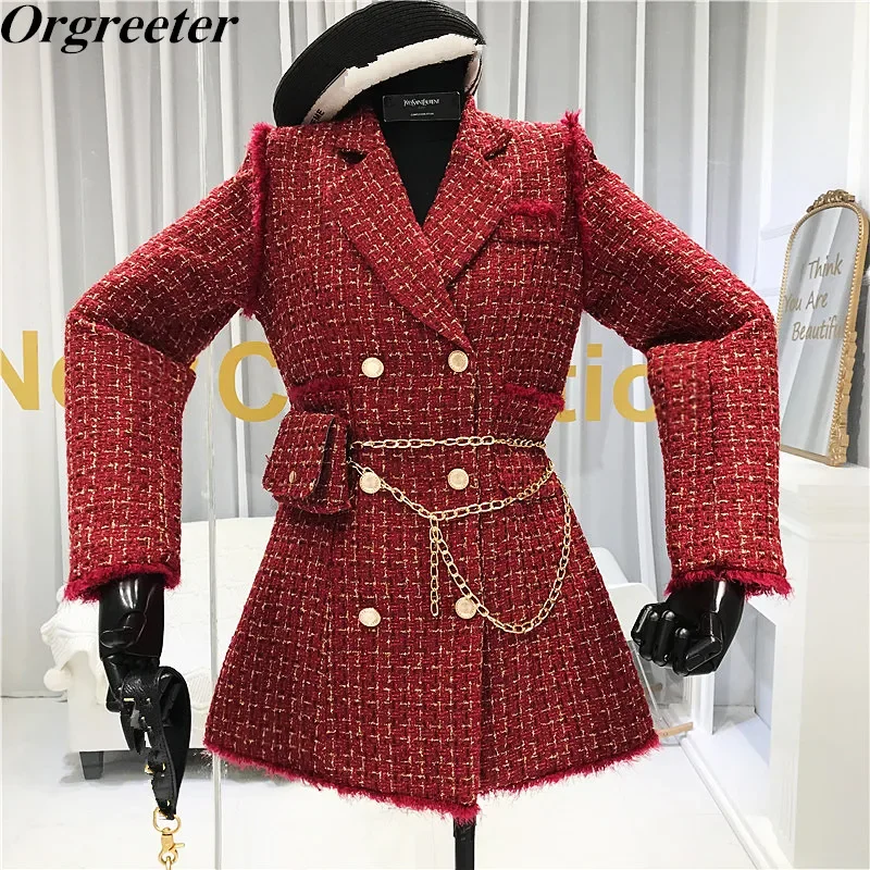 2023 New Gold thread Plaid Suit Coat Women Notched Double breasted Feather Tassel Trim Slim Tweed Jacket With Free Belt bag