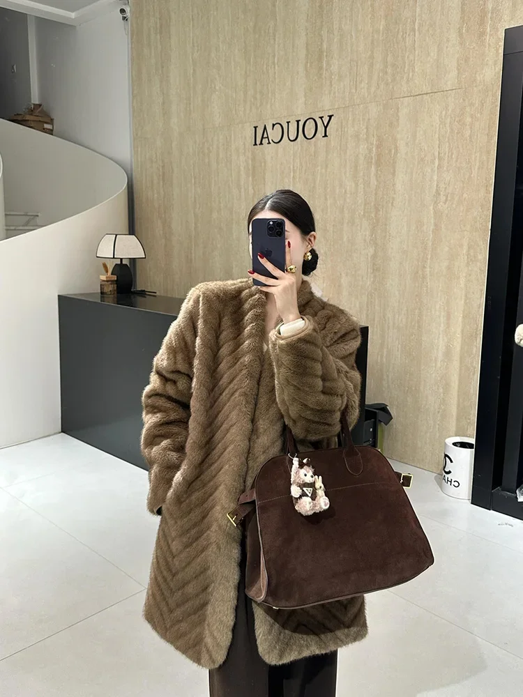 2024ฤดูหนาวใหม่Faux Mink Fur Coat Midiความยาวสไตล์เกาหลีเป็นมิตรกับสิ่งแวดล้อมขนสัตว์One Pieceเสื้อแจ็คเก็ตสตรีPlush Coat Overcoat