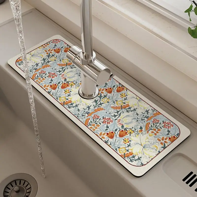 Kitchen Faucet Splash Guard Diatom Mud Floral Pattern Splash Guard Mat For Kitchen Quick Draining Pad Behind Faucet Countertop