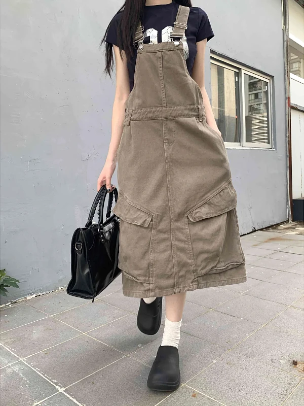 Peto vaquero retro americano de talla grande para mujer, nuevo modelo de verano, holgado, estilo A, falda de una pieza con bolsillos grandes, cintura alta.