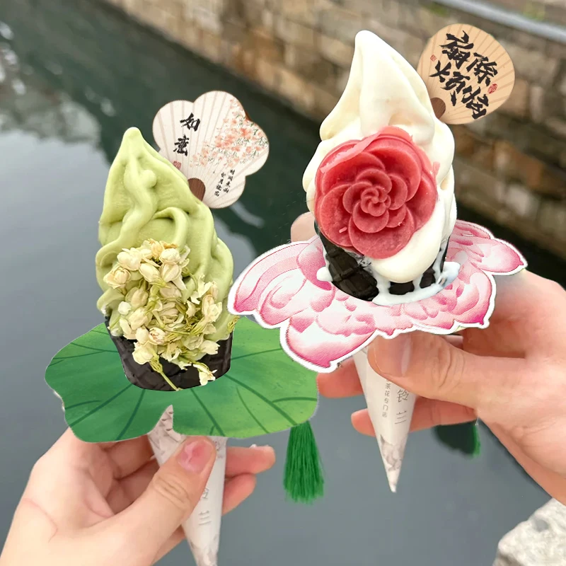 Chinese Style Ice Cream Paper Cone Anti-drip Sleeve Card Tray Cake Topper Tool Cupcake Accessory Party Decoration Antique