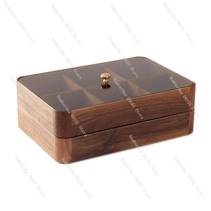Black walnut four-grid fruit plate, high-end fruit box with lid, living room coffee table nut plate