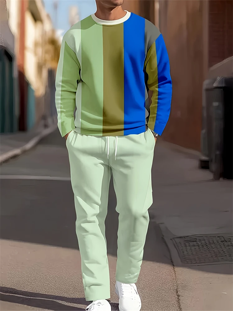 

Fall New Arrival Men's Casual Set Minimalist Style Color-Block Pattern Crew Neck Long Sleeve Top With Drawstring Pants Set