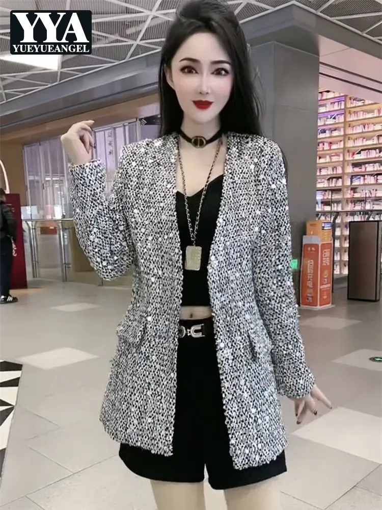 

Fashion Women Slim Fit Shiny Sequined Stage Show Jacket Spring Streetwear Outwear Coat V Neck Office Ladies Party Suit Jacket