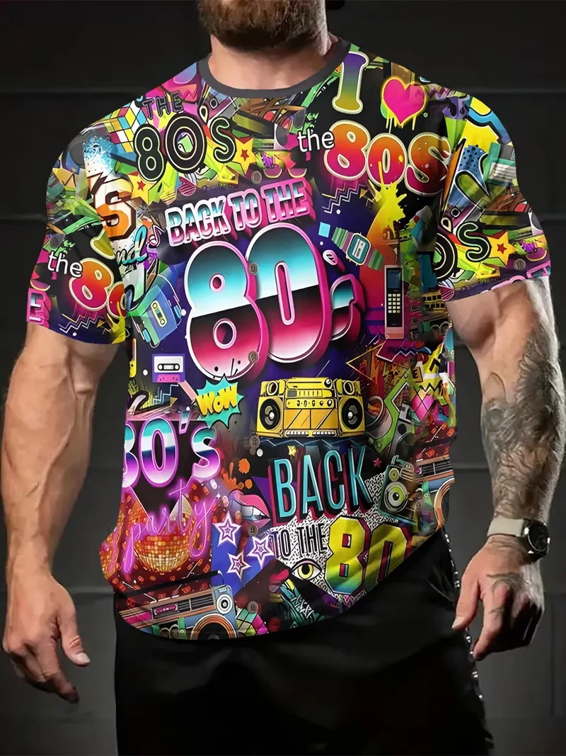 Lebhaftes Neon-Karnevals-Design Atmungsaktives Rundhals-Kurzarm-T-Shirt 3D-Digitaldruck Retro 80er Grafik-T-Shirt für Herren – Detail 6