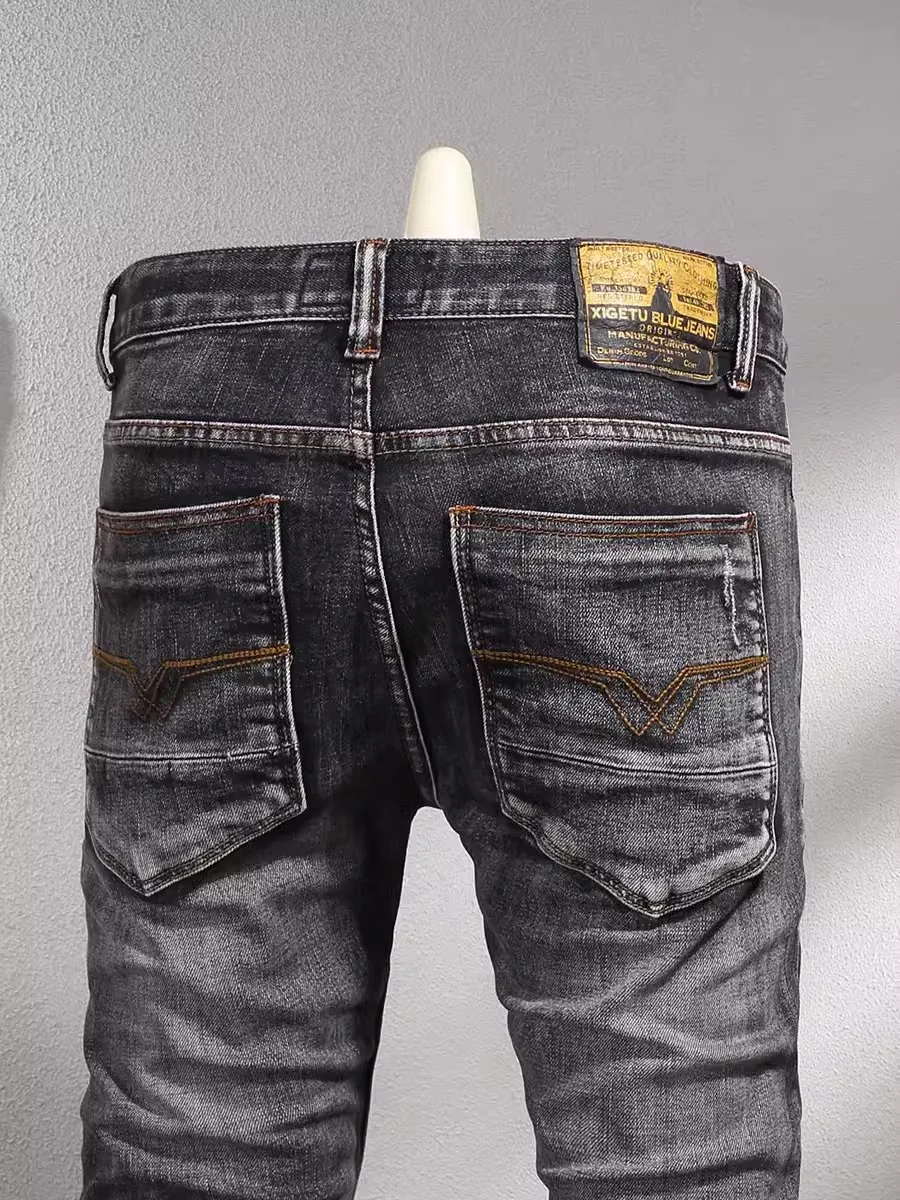 Fashion Streetwear Men Jeans High Quality Retro Black Gray Elastic Slim Fit Ripped Jeans Men Vintage Designer Denim Pants Hombre