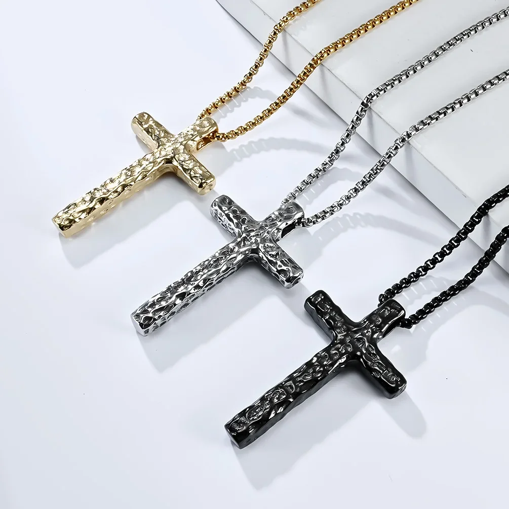 Men Black Gold Silver Color Stainless Steel Cross Pendants Statement Necklace Punk Christian Jewelry