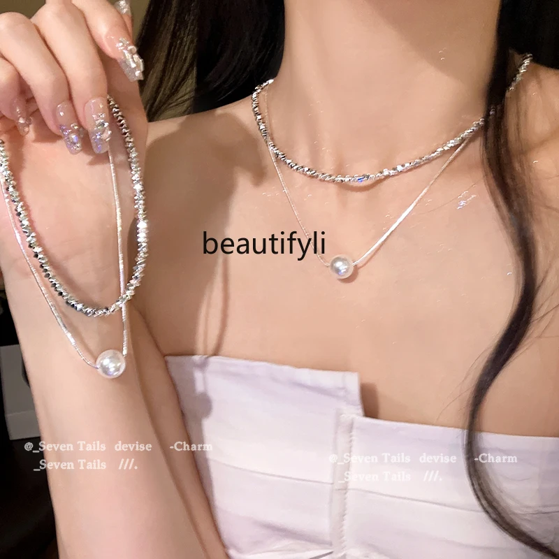 

Galaxy in the world~ High-end design sense early spring double-layer necklace, new popular broken silver pearl collarbone chain