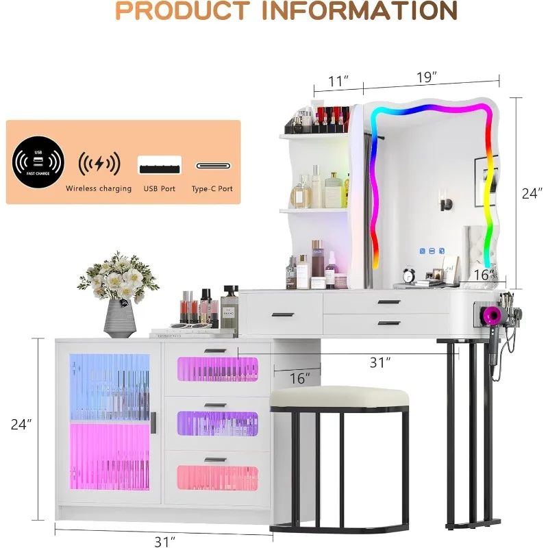 RGB Makeup Vanity Desk with Lights, Glass Top Vanity Table with 24 Color Dimmable Lights, Large Vanity Set with 8 Drawers