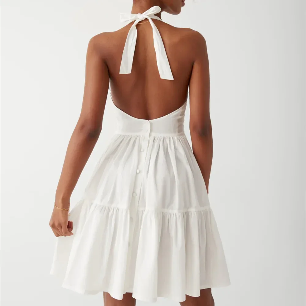 Moda feminina vestido curto halter y2k vintage listrado sem mangas sem costas a linha em camadas vestido plissado para festa clube