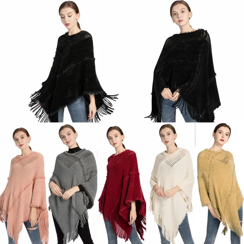 Poncho Tassel Knitted Shawl Women's Autumn and Winter New Chenille Imitation Cashmere Pullover Cape Cloaks Lady Capes Red P1