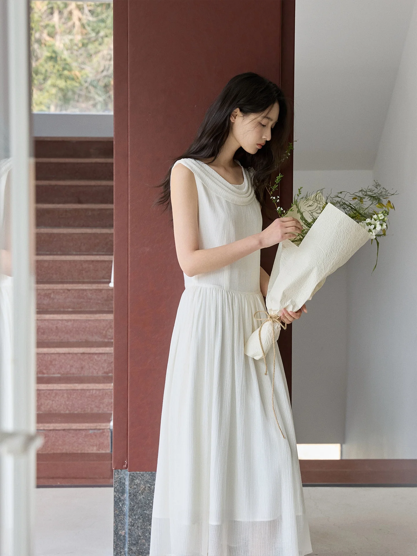

Ginnkee Long Sleeveless Dress Mixed Fabric Design Sensation Lacey Neck French Style Women's Dress Nylon And Lyocell Fiber