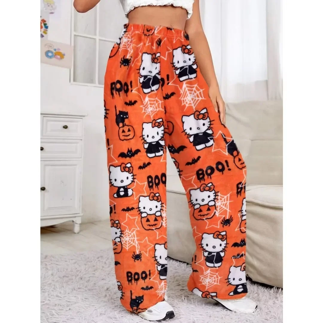 Unisex Flannel Pajama Pants Cute Halloween Pattern Long Sleep Pants Comfortable Loose Fit Casual Loungewear for Family Matching