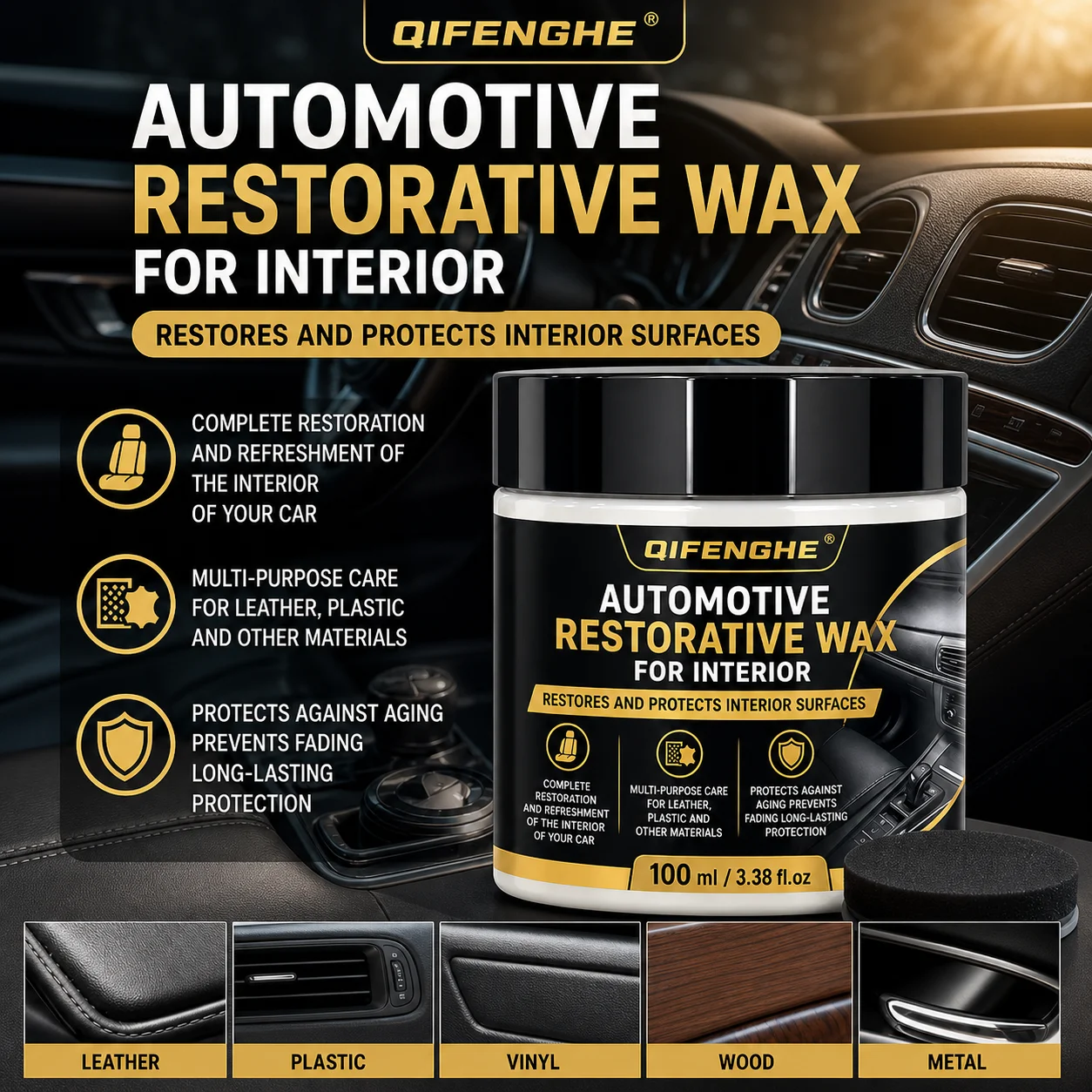 QIFENGHE 100ml Automotive Interior Restoring Wax Multi-purpose Leather Plastic Rubber Care Anti Aging Fading Protection Cream