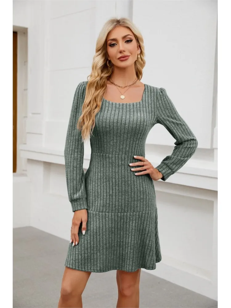 

Woman's Fashion Knitting Pullovers Dress Casual Square Neck Long Sleeves Mini Skirt Lady Autumn Winter Solid Color Slim Vestidos