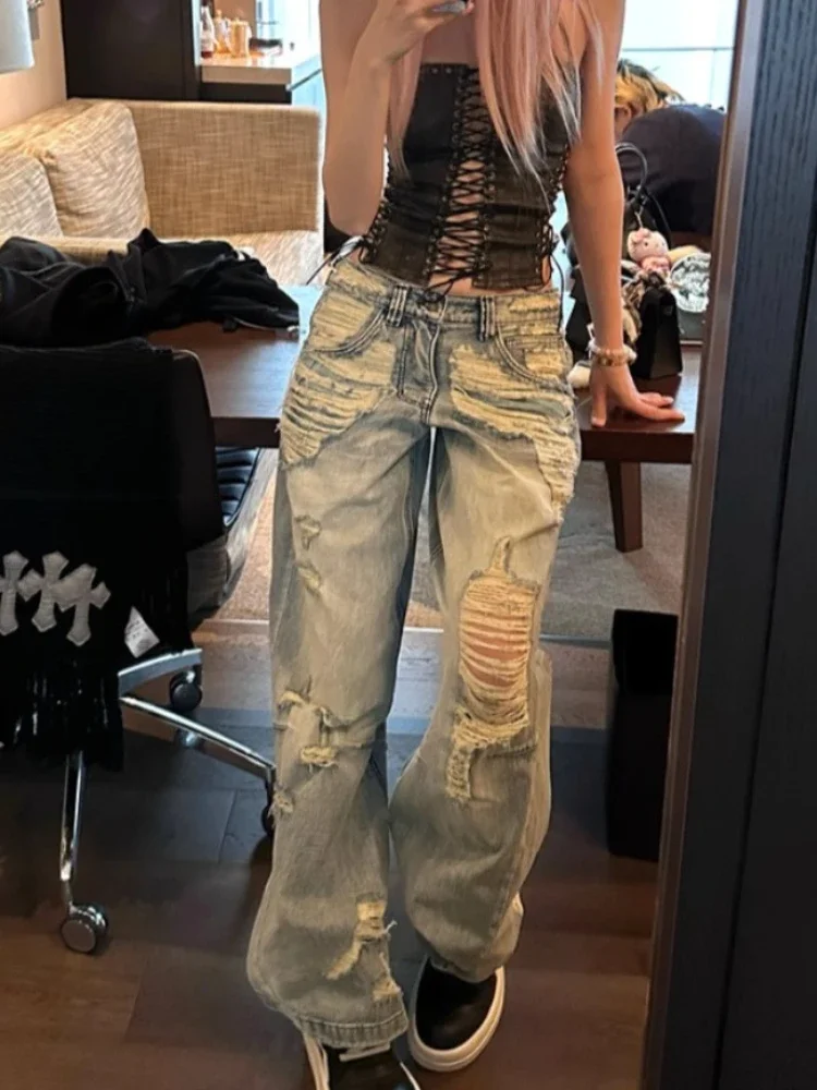 

High Street Hottie Vintage Hole Jeans Women Y2k Fashion High Waist Baggy Wide Leg Pants Casual Loose Jeans