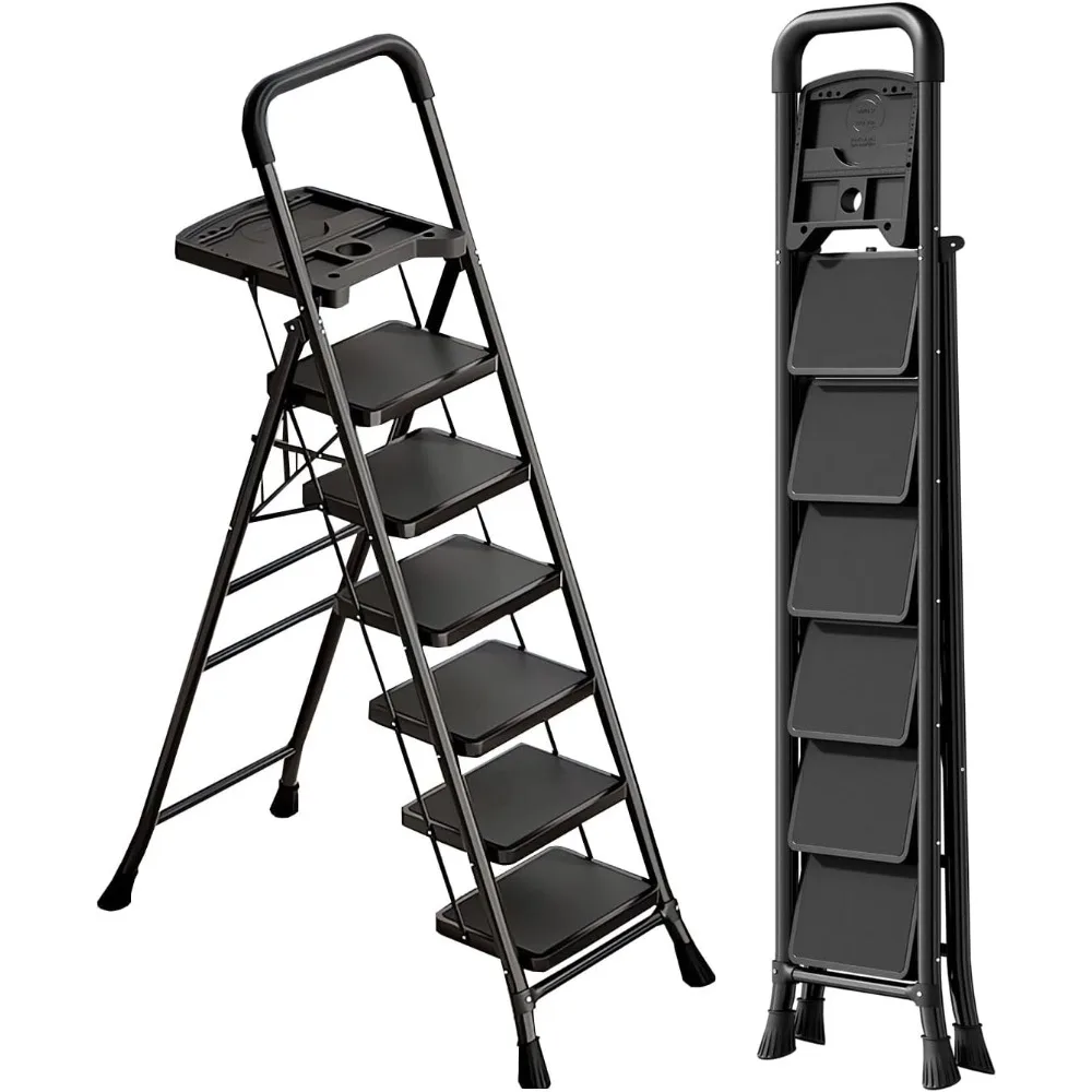 

6-Step Ladder with Tool Tray,Portable Step Tool 330lb Load,Folding Anti-Slip Step Ladder with 10x15 Anti-Slip Widen Pedals,Handr