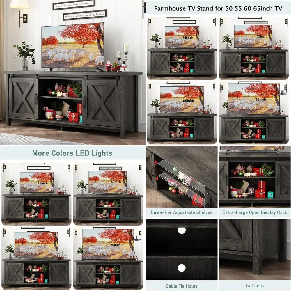 Adjustable Shelf 58 Farmhouse TV Stand for 55-70 TVs with Sliding Barn Door Wooden Entertainment Center Console Cabinet