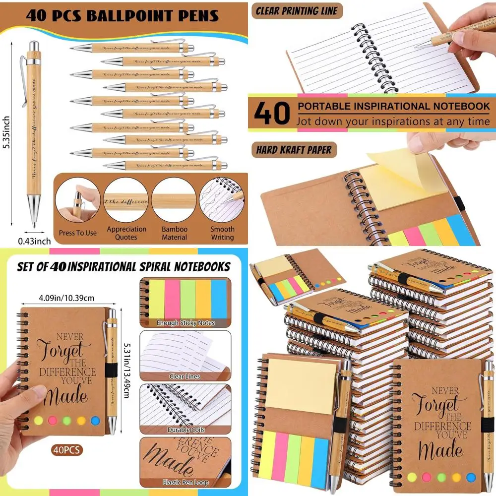 Inspirational Bamboo Pens & Spiral Notebooks with Sticky Notes: 40 Sets for Nurse, Teacher, Coworker Appreciation