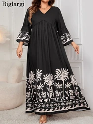 Plus Size Herbst V-Ausschnitt Kleid Frauen Blume Blumen druck Mode Rüschen Damen Kleider lose plissierte Langarm Frau Kleid