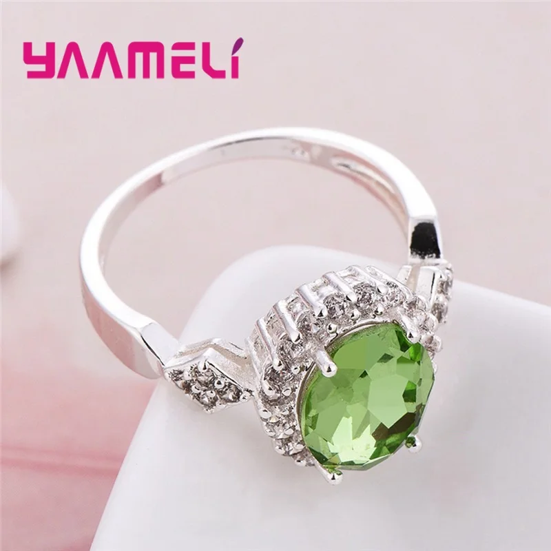 Newest Summer Elegant Luxury Purple Green Black Red Light Blue Crystal Original Silver Color Rings For Women Wife Bridal Jewley