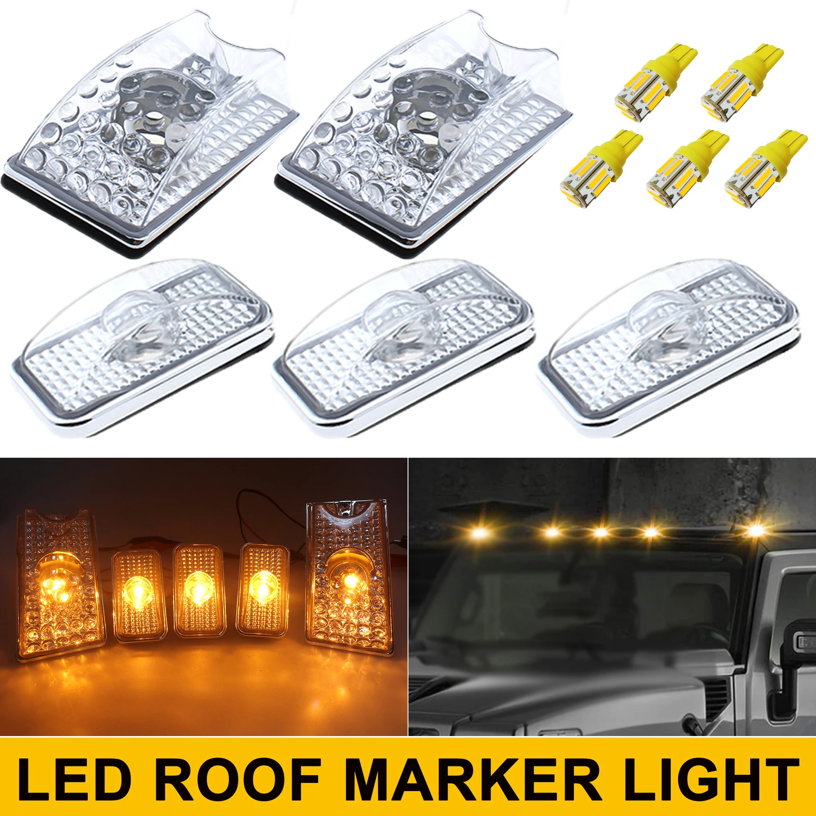 

Winetis 5 шт. прозрачные линзы светодиодные габаритные огни кабины на крыше + янтарные светодиодные лампы T10 для Hummer H2 SUV SUT 2003-2009