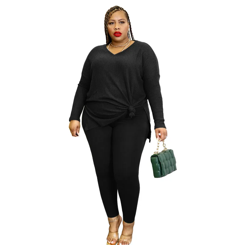 Dorywczo luźne Plus Size damskie zestawy dwuczęściowe Kniited jesienne ubrania V Neck Top długie Panst pasujące stroje hurtownia Dropshipping