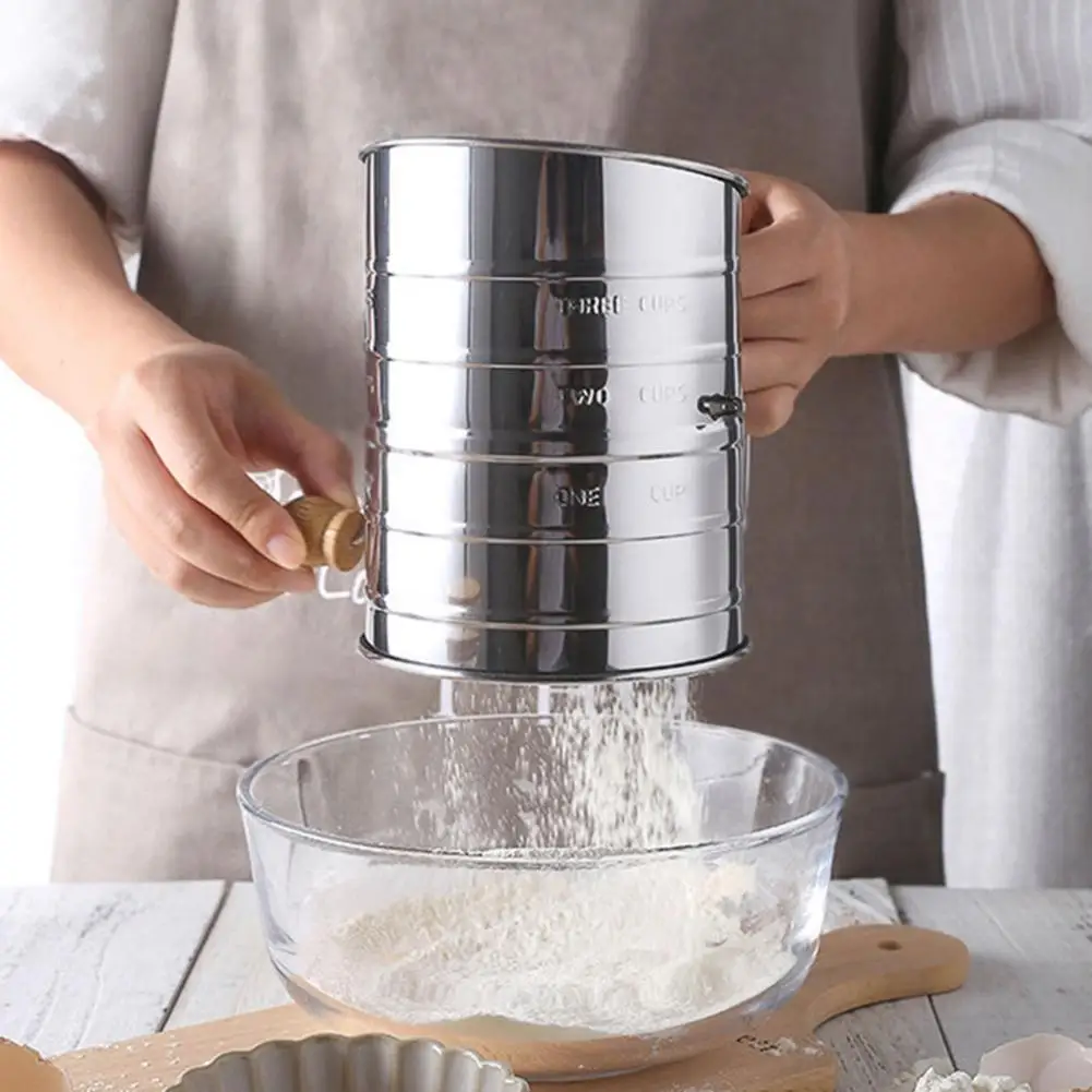 

Flour Sifter Semi-automatic Handheld Hand-crank Sieve Stainless Steel Graduated Inclined Mouth Flour Sieve Ring Kitchen Gadget