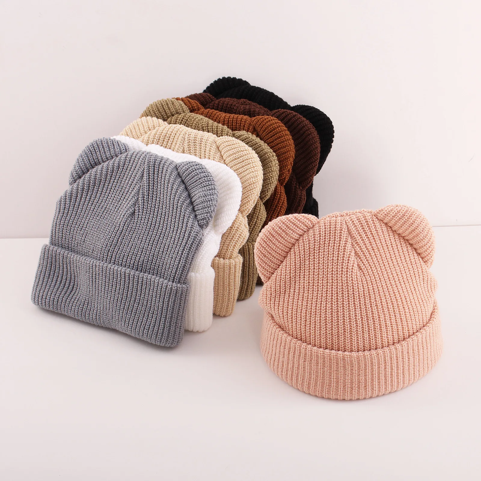 0-8T Winter Neue Baby Stricken Hut Warme Cartoon Bär Kleinkind Mädchen Verdicken Mit Kapuze Hut Einfarbig kinder Kappe