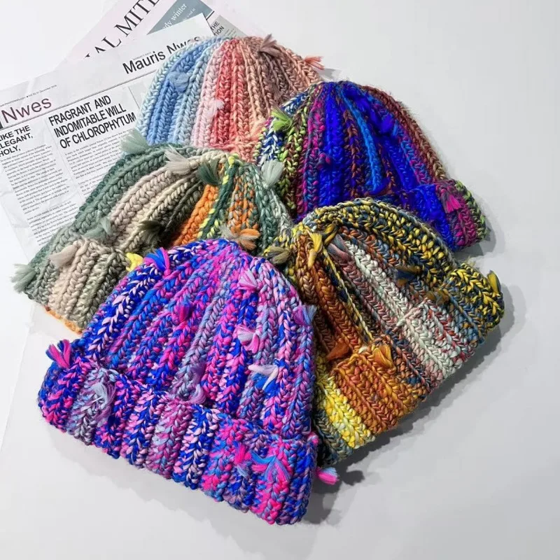 Korean Niche Color Splicing Hand-knitted Pullover Knitted Hat for Men and Women Winter Fashion Ear Protection Skull Beanie Caps