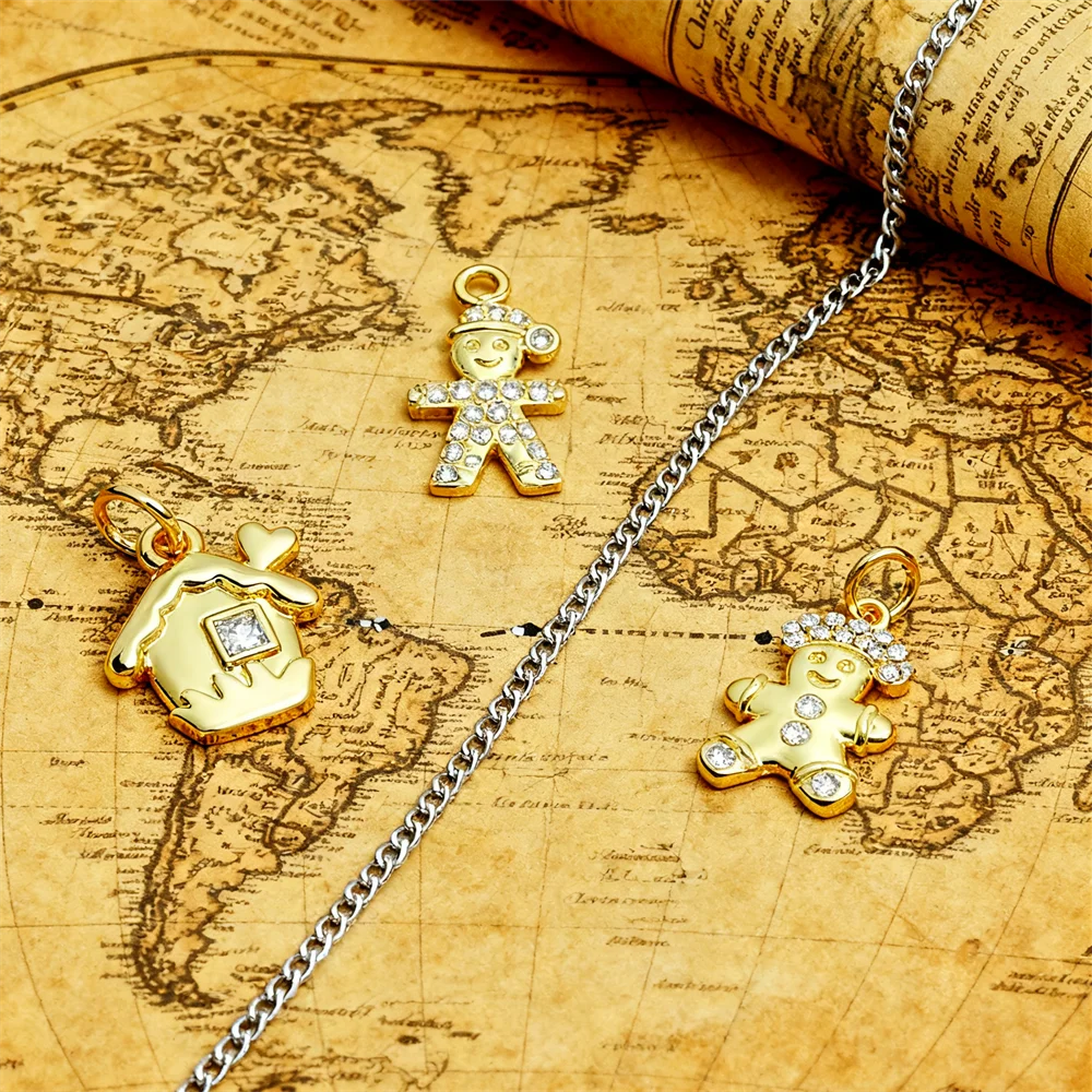 4Pcs Pendants Brass Christmas Charms Cubic Zirconia Gingerbread Man House DIY Jewelry Charms for Necklace Bracelet Making