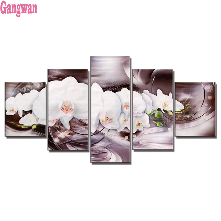 5 pcs Diamond Painting white orchid flower crystal paintings Cross Stitch kit Full square round Drill Diamond Embroidery sale