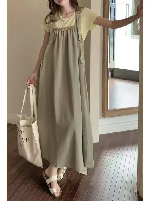 

Summer 2026 Casual Denim Overalls Dress Women's Loose Fit Casual Long Strap Dresses Folded Design Workwear Style Cotton Blend