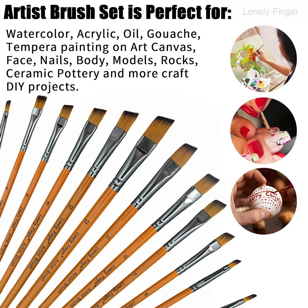 Zestaw pędzli do malowania, 12 sztuk pędzli artystycznych o różnych rozmiarach do akwareli, akrylu, gwaszu, farb olejnych i tuszu.