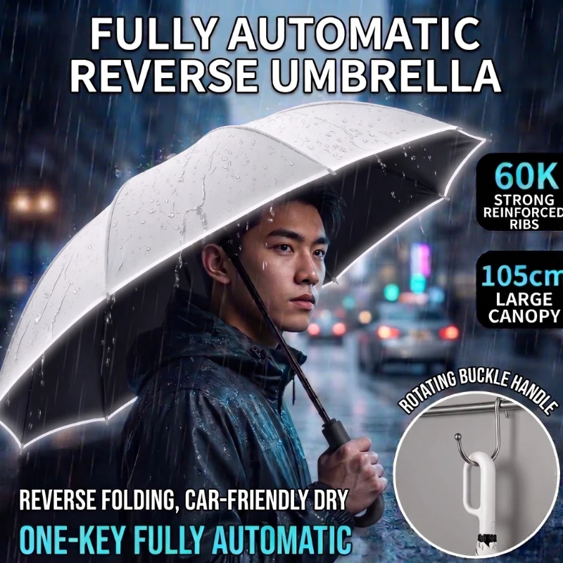 60K Buckle Men Women Umbrella  Fully Automatic Reverse Folding Umbrella with Windproof Reflective Stripe UV Umbrellas