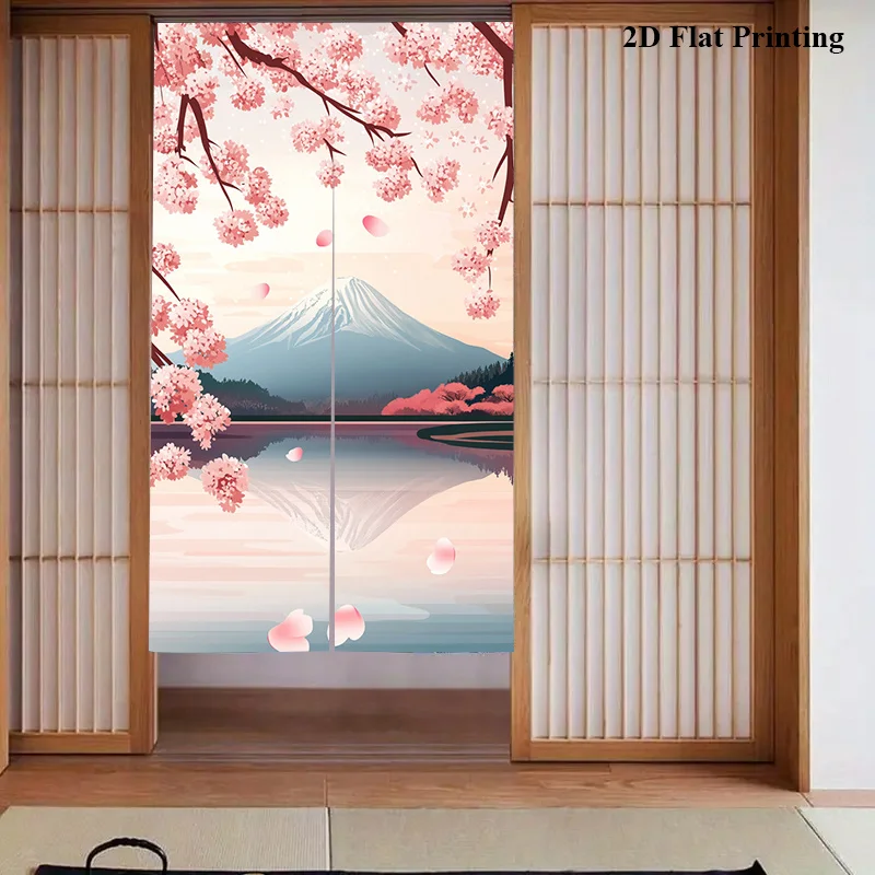 Japanese Noren Curtain Cherry Blossom Branches Mount Fuji Lake 2D Flat Printing Door Decor
