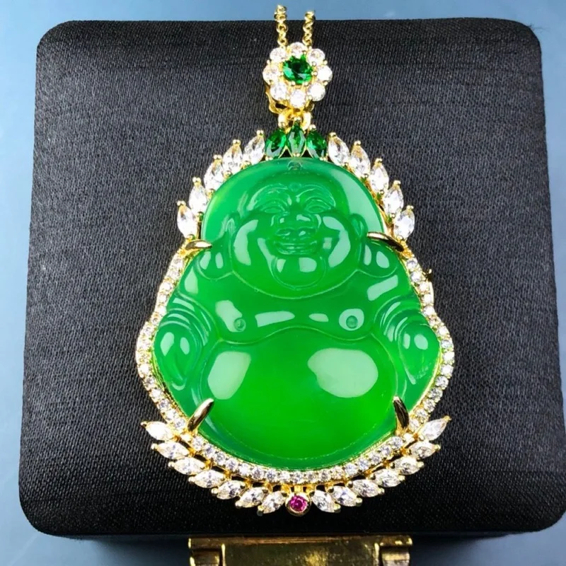 Imperial jade , pendant, luxurious inlaid green chalcedony necklace, Maitreya Buddha