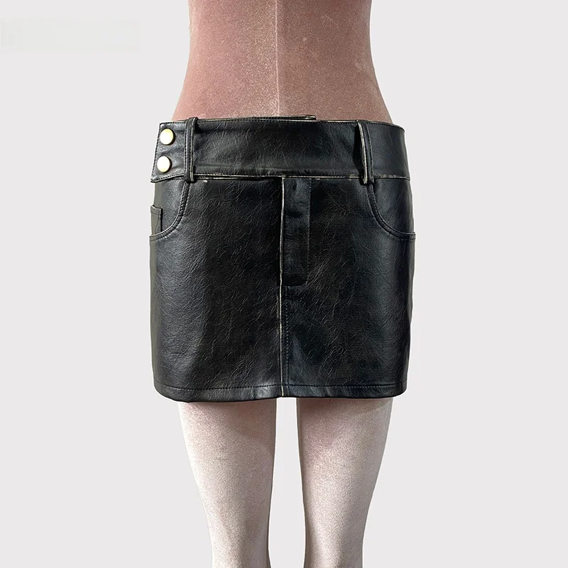 Nerazzurri Low Waist PU Leather  Skirt Women's Limited Step Color Rubbing Black Short Skirt American Retro Design Half-le...