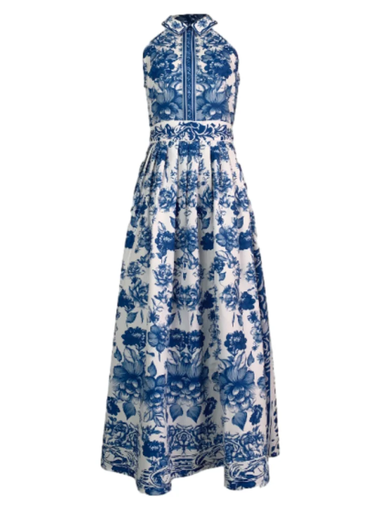 

Missuoo Women's Halter Neck Floral Printed Maxi Dress Sleeveless Slim Fit High Waist A-line Pleated Party Dresses for Ladies