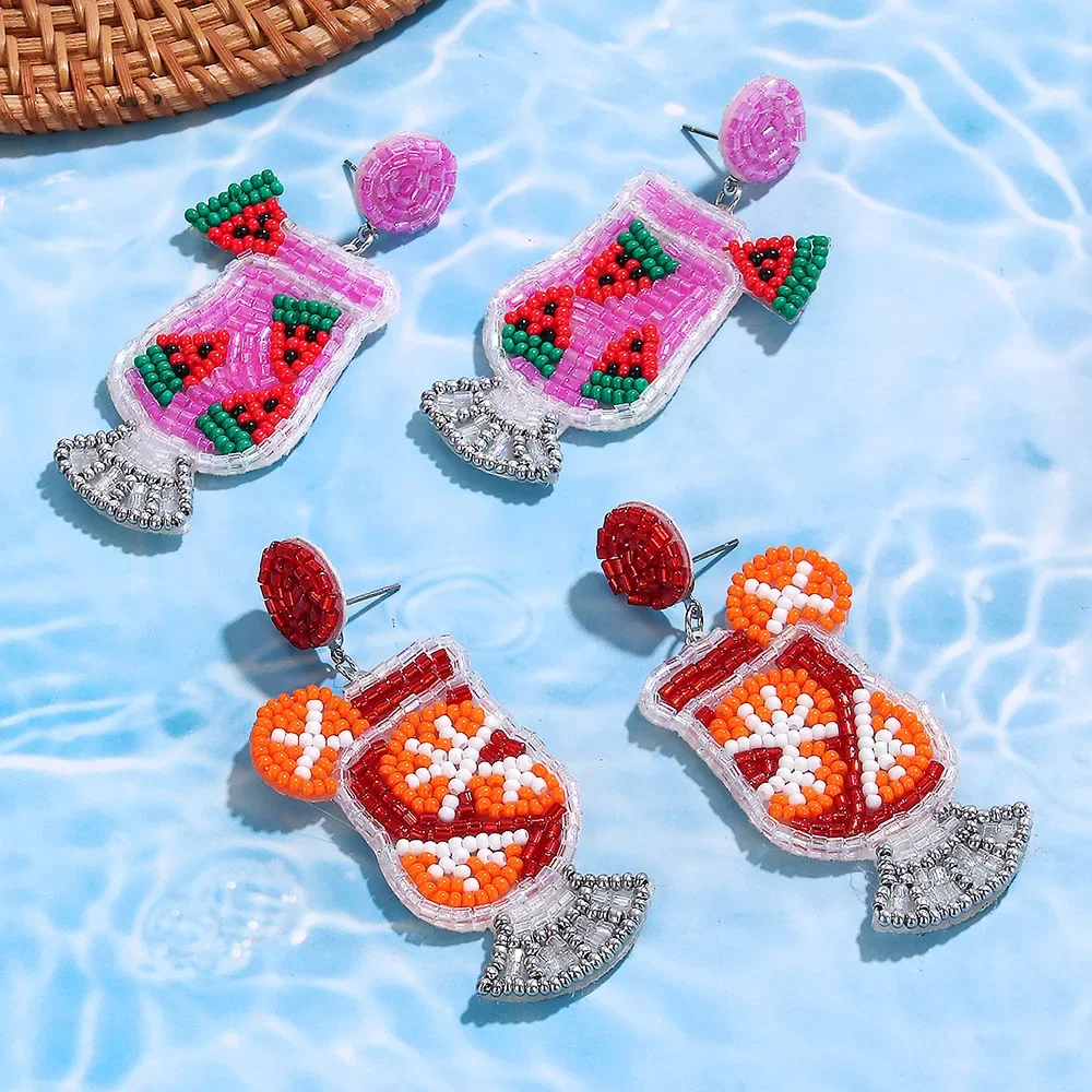 

2025 Handmade Bead Earrings Fabric Beverage Cup Creativity Bohemia Pattern Hand Weaving Beaded Earrings For Women