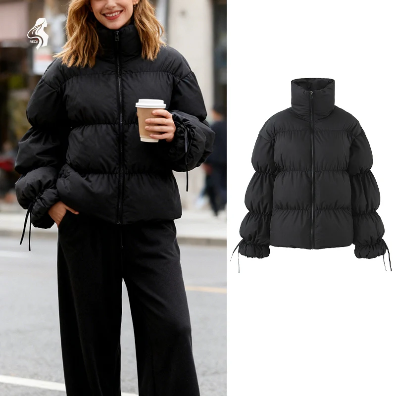 

Черный пуховик с высоким воротником и завязками с пышными рукавами, пушистое короткое пальто, уличный стиль, осенне-зимняя теплая женская одежда Trafizaran