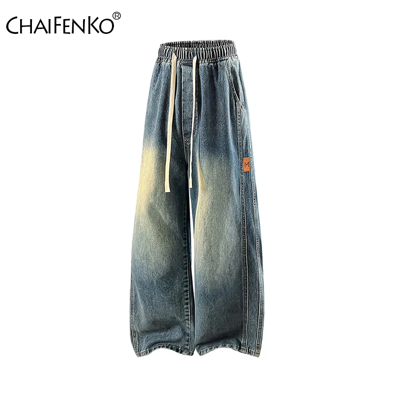 

New Fashion Man Jeans Street Motion Retro Style Elastic Wide Leg Pants Spring Autumn Outdoors Loose Solid Straight Pants Man